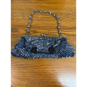 Sequin Kiss-lock Clutch Purse with Beaded Handle Grey & Black
